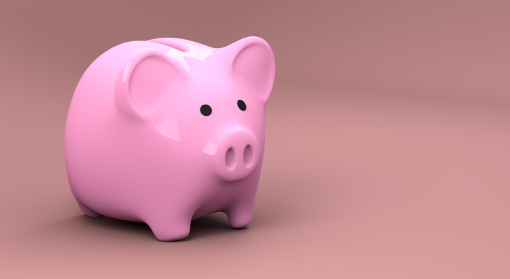 A pink piggy bank that stores money stands against a darker pink background