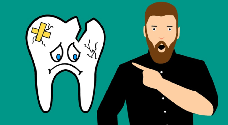 cartoon man pointing at a frowning broken cartoon tooth